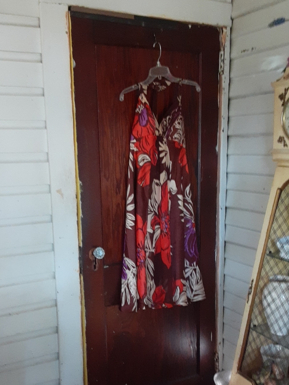 Donna Ricco Halter Maxi Silk Dress in Burgundy with Red & Purple Blooms